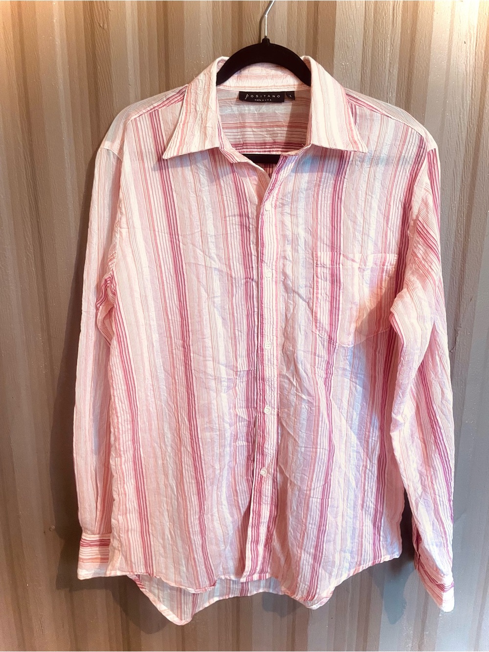 Vintage POSITANO Men's Shirt Crinkle Pink Stripe Long Slv Y2K 90s USA Made sz L